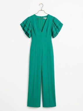 CHICWAYS / Green V-Neck Wide-Leg Jumpsuit with Pleated Flutter Sleeves/ NWOT